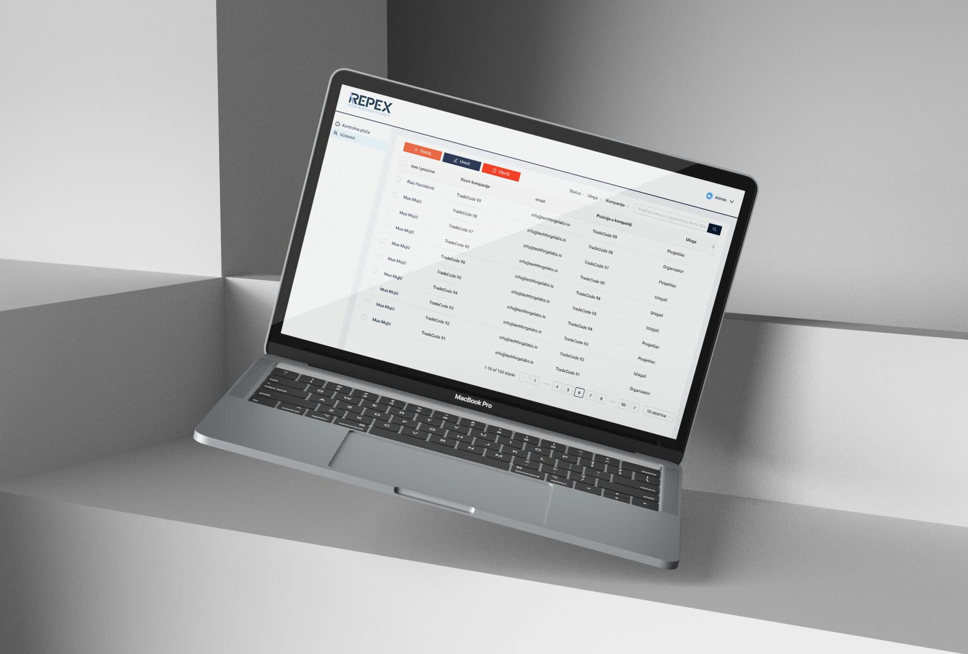 Repex event management application on a laptop showing a list of registrations