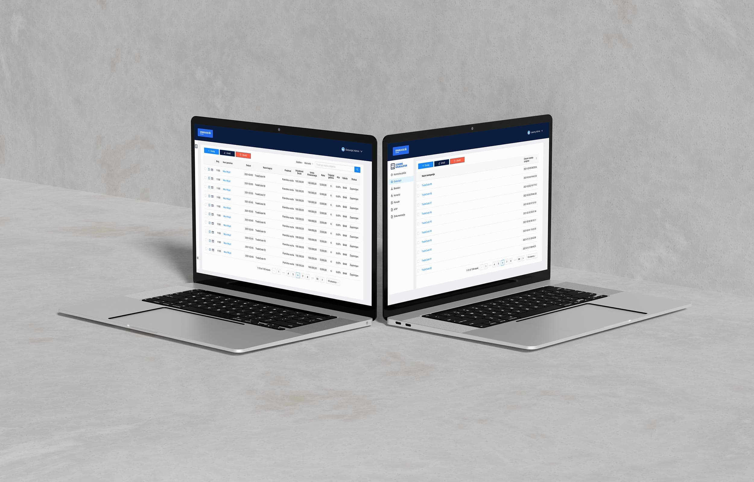 Two LeasingApp list views shown side by side on laptops