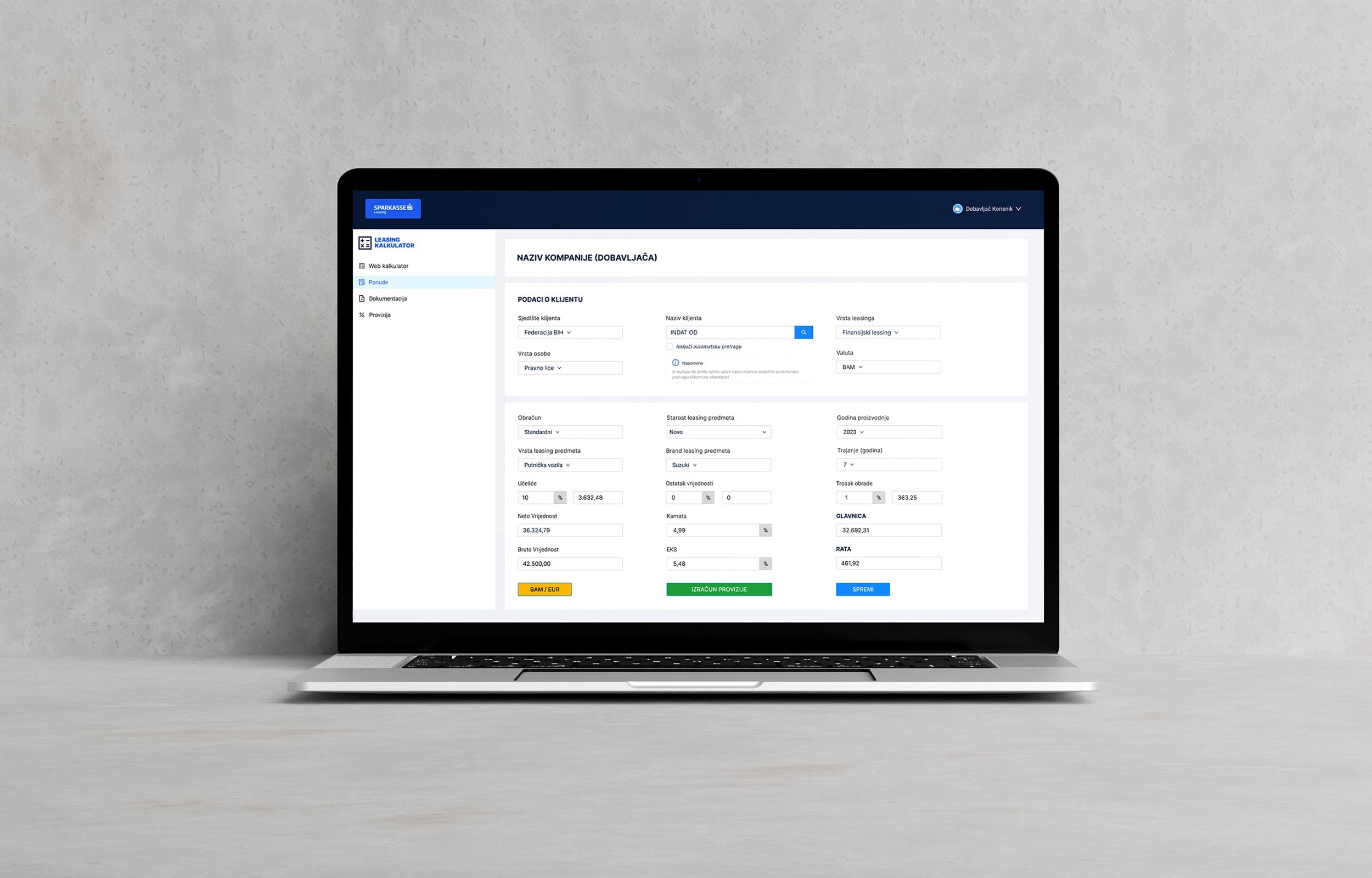 LeasingApp offer screen with client details, leasing parameters and a calculation action