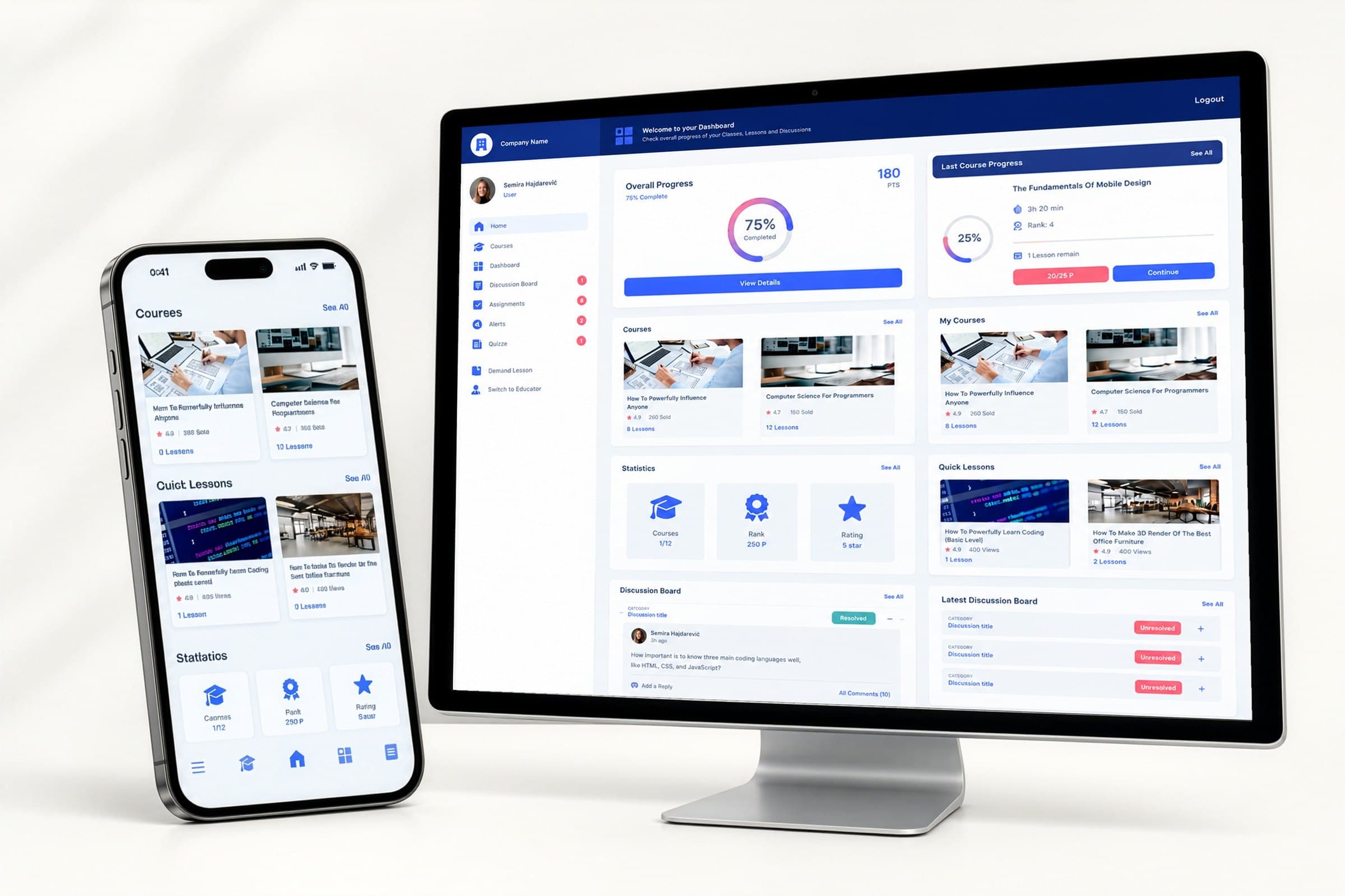 MindForge learner dashboard on desktop and mobile with overall progress, courses and lessons