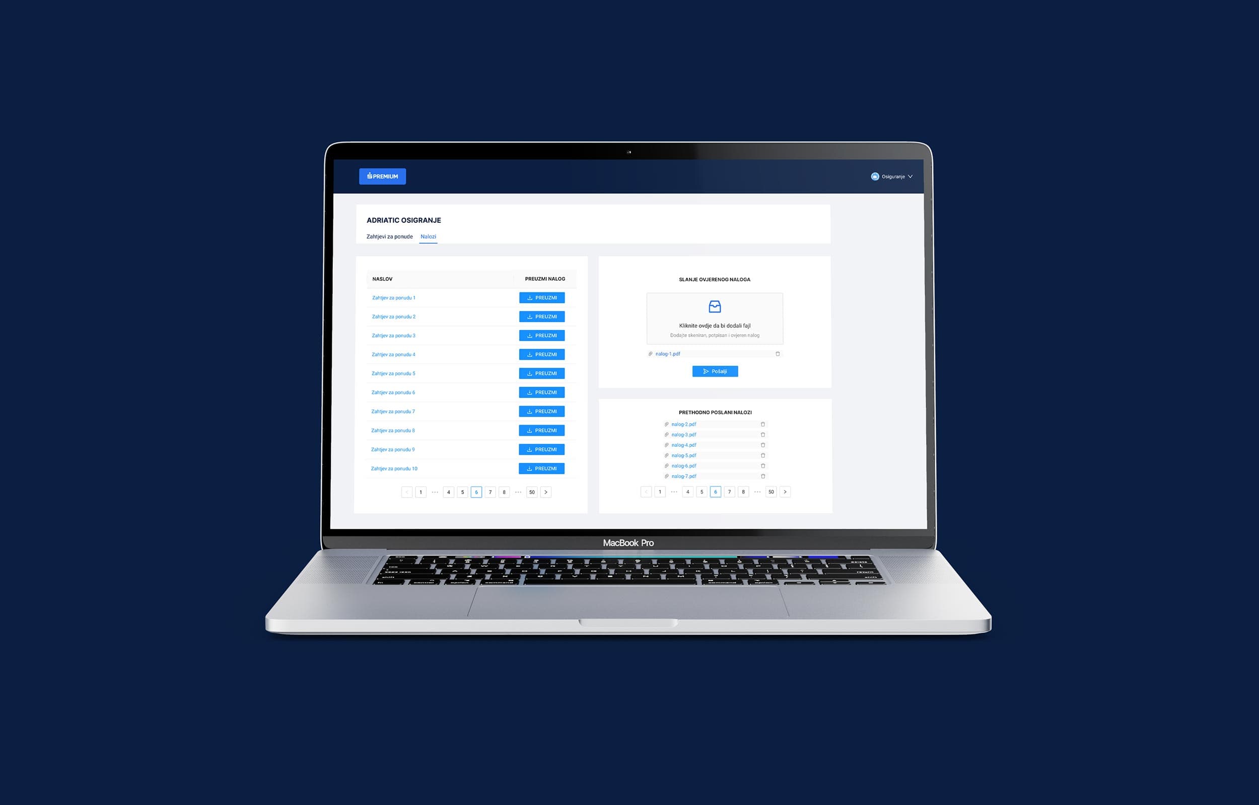 S-Premium application on a laptop: a list of insurance offer requests beside a document upload panel